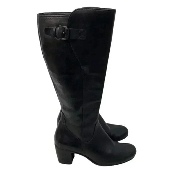 Ecco Knee High Tall Riding Boots Size 4 Block Heels Leather Buckle Side Zip - Picture 2 of 12
